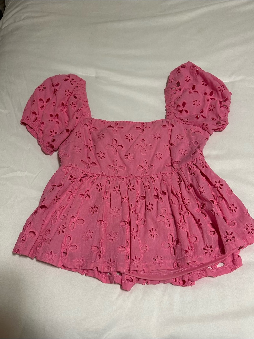 Pink Eyelet Puff-Sleeve Babydoll Top
